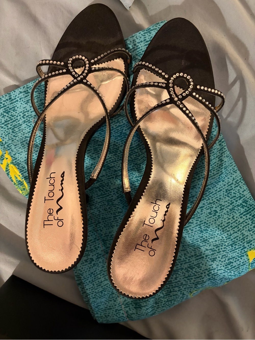 Touch of Nina Black Crystal-Trim Bow Strappy Heels